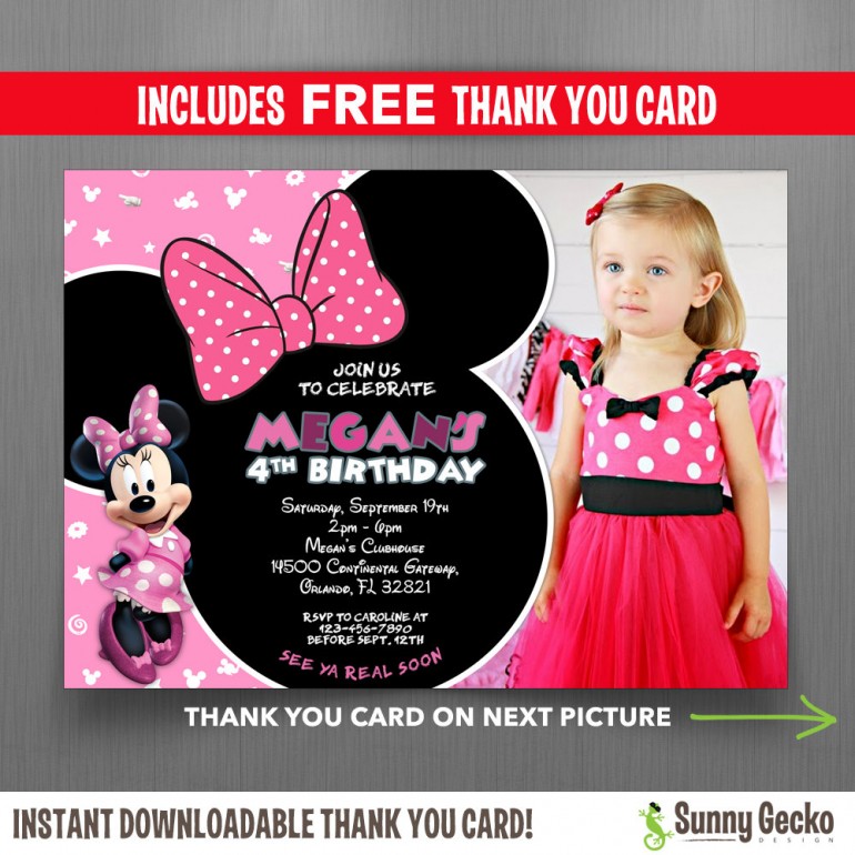 Minnie Mouse Clubhouse 7x5 in. Birthday Party Invitation with Photo + FREE Thank You Card